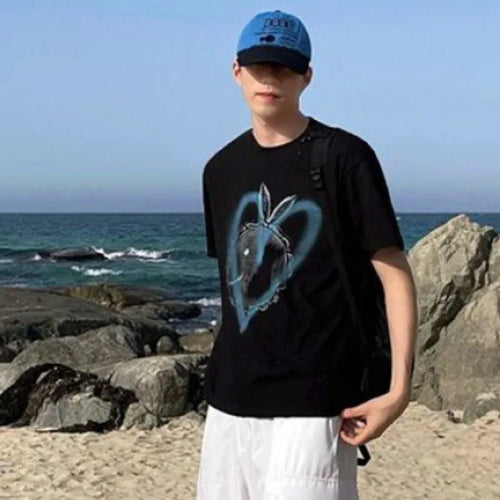 Load image into Gallery viewer, Korean Style Summer Male Casual T-shirts O-neck Short Sleeve Men&#39;s Tees Heart Printing Loose Clothing 9C6230
