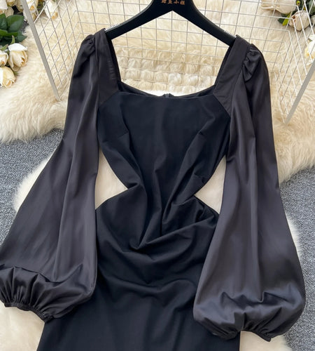 Vintage Women Elegant Black Ruffle Edge Birthday Party Fishtail Dress French Square Collar Lantern Long Sleeve Dress 2025 Autumn