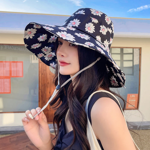 Load image into Gallery viewer, Summer Hats For Women Fashion Wide Brim Daisy Flower Print Design Sun Hat Sun Protection Travel Beach Bucket Hat
