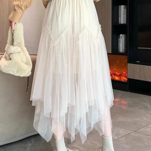 Load image into Gallery viewer, Vintage Autumn White Elegant Pleated Irregular Long Skirt For Women's Black High Waist A-line Mesh Skirts 2024 Versatile Popular
