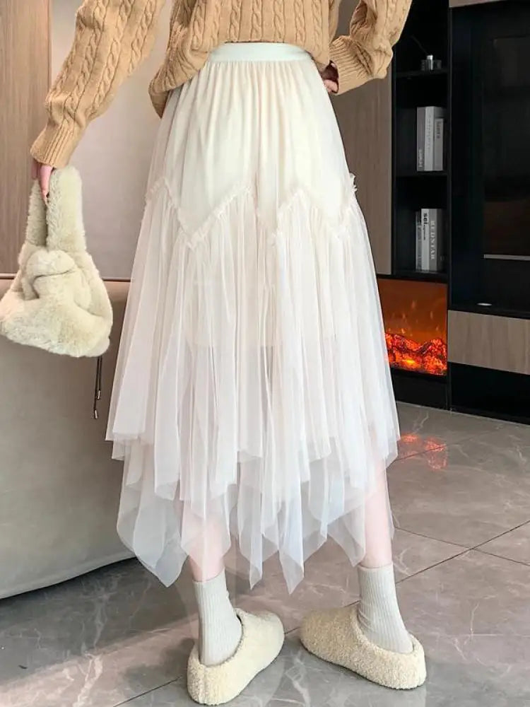 Vintage Autumn White Elegant Pleated Irregular Long Skirt For Women's Black High Waist A-line Mesh Skirts 2024 Versatile Popular