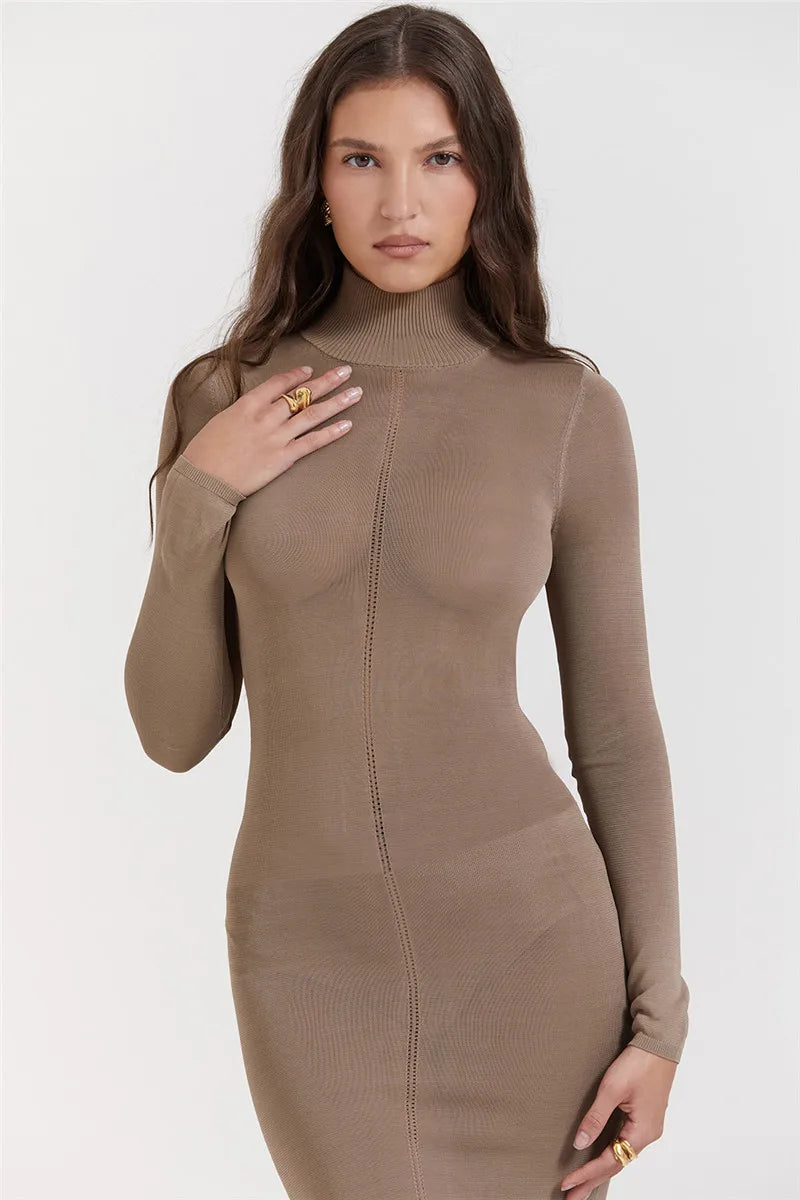 Turtleneck Backless Bodycon Midi Dress For Women New Autumn Winter Long Sleeve Club Party Sexy Long Dress Vestidos