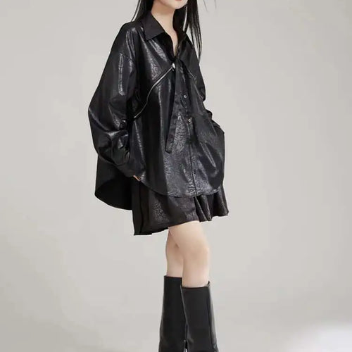 Load image into Gallery viewer, Women Black Zipper 2 Ways Wear Big Size Blouse New V-neck Long Sleeve Shirt Fashion Tide Spring Autumn 2025 1DH8012
