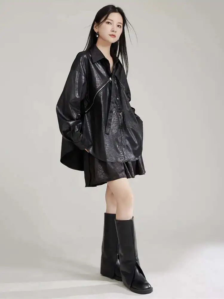 Women Black Zipper 2 Ways Wear Big Size Blouse New V-neck Long Sleeve Shirt Fashion Tide Spring Autumn 2025 1DH8012