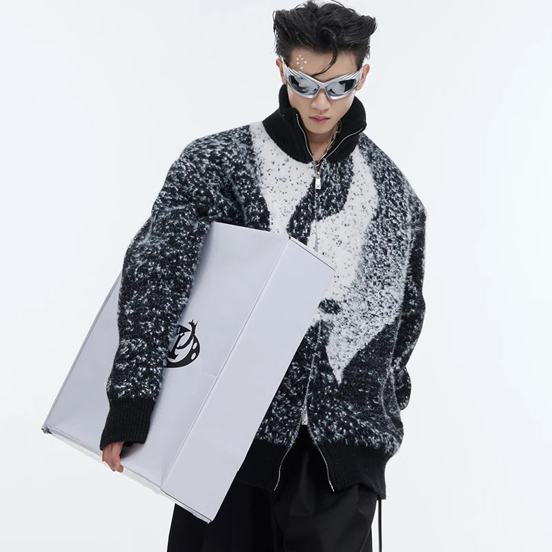 Men's Sweater Casual Stand Collar Plush Contrast Color Zipper Male Knitting Cardigan Chic Winter Jackets New Trendy 9C4432
