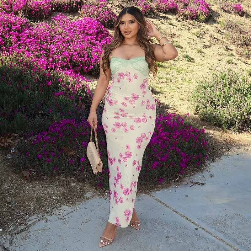 Lace Print Spaghetti Strap Sexy Maxi Dress Women Elegant Off-shoulder Sleeveless Backless High Waist Bodycon Dress