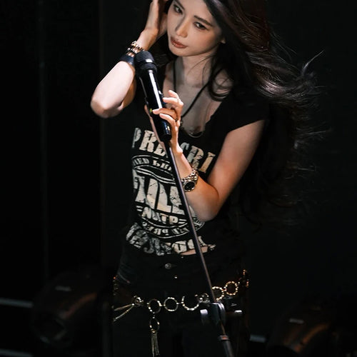 Load image into Gallery viewer, Letter Print t-Shirts Women Low-Neck Snap Sleeves Skinny Hip-Hop Style Summer Hip-Hop Style Daily Versatile Classic Tops
