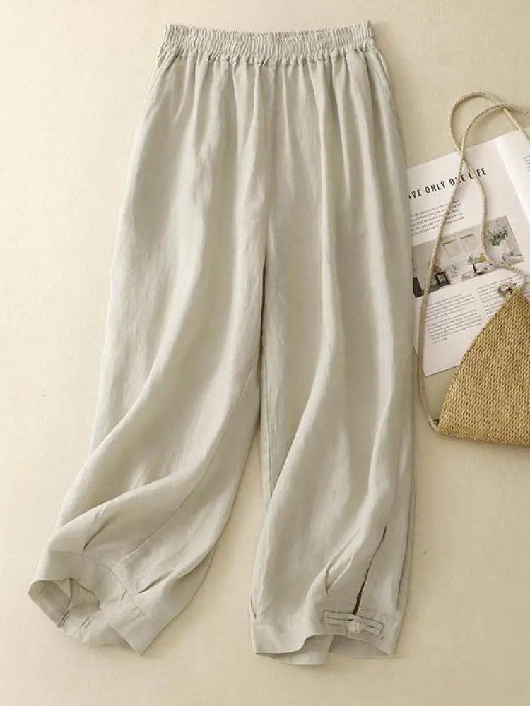 Summer Beige Cotton Straight Wide Leg Ankle-length Lantern Pants Women Pink Green Casual Loose Elastic High Waist Large Size New