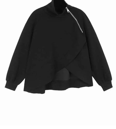 Black Irregular Hem Zipper Sweatshirt New Turtleneck Long Sleeve Women Big Size Fashion Tide Spring Autumn 2025 1DH7190