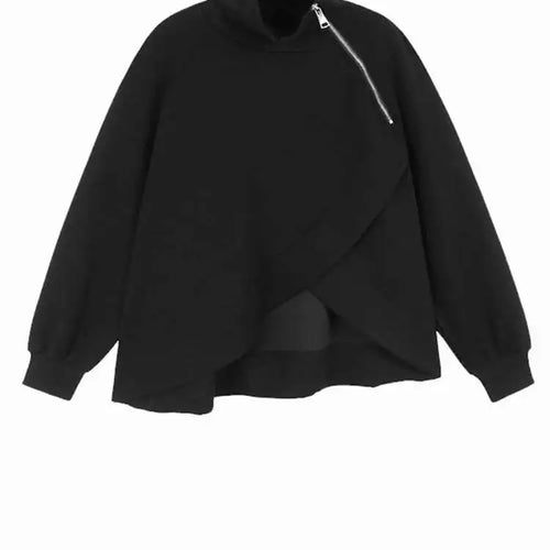 Load image into Gallery viewer, Black Irregular Hem Zipper Sweatshirt New Turtleneck Long Sleeve Women Big Size Fashion Tide Spring Autumn 2025 1DH7190
