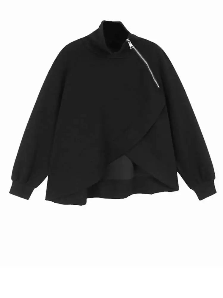 Black Irregular Hem Zipper Sweatshirt New Turtleneck Long Sleeve Women Big Size Fashion Tide Spring Autumn 2025 1DH7190