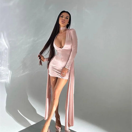 Load image into Gallery viewer, Irregular Sexy Mini Dress For Women Low Cut Long Sleeve Ruched Bodycon Dress Femme Elegant Club Party Sexy Dress New
