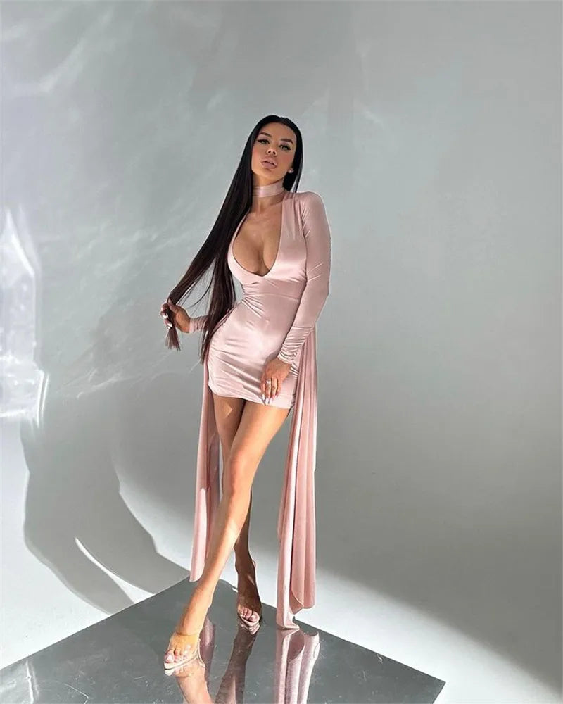 Irregular Sexy Mini Dress For Women Low Cut Long Sleeve Ruched Bodycon Dress Femme Elegant Club Party Sexy Dress New