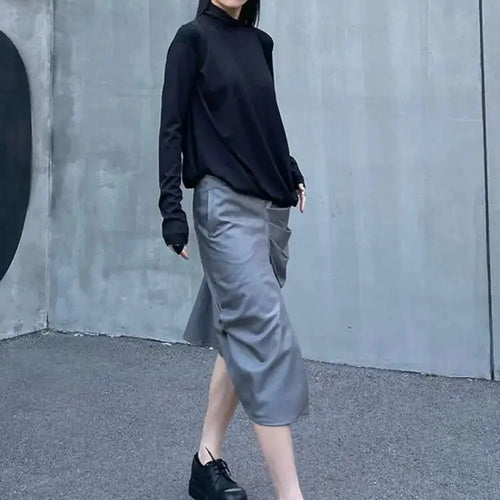 Load image into Gallery viewer, Women Black Irregular Casual T-shirt New Turtleneck Long Sleeve Loose Fit Tees Fashion Tide Spring Autumn 2025 1DH2678
