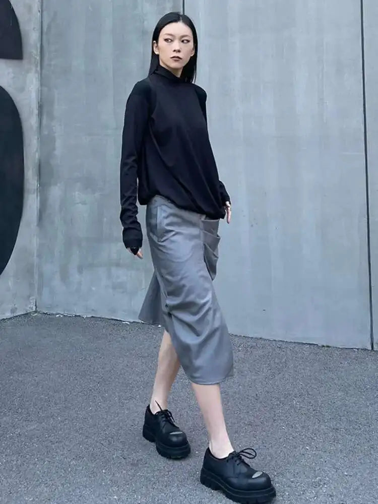 Women Black Irregular Casual T-shirt New Turtleneck Long Sleeve Loose Fit Tees Fashion Tide Spring Autumn 2025 1DH2678