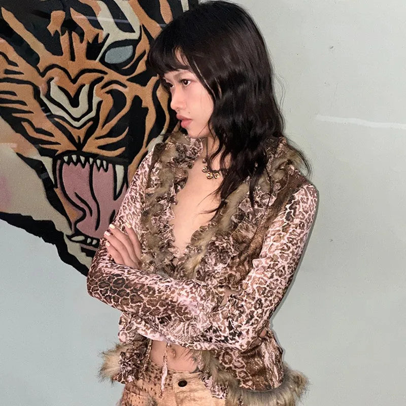 Japanese Y2k Leopard Print Shirt Vintage Harajuku Fur Shirt Grunge Aesthetics V-neck Irregular Blouses American Retro
