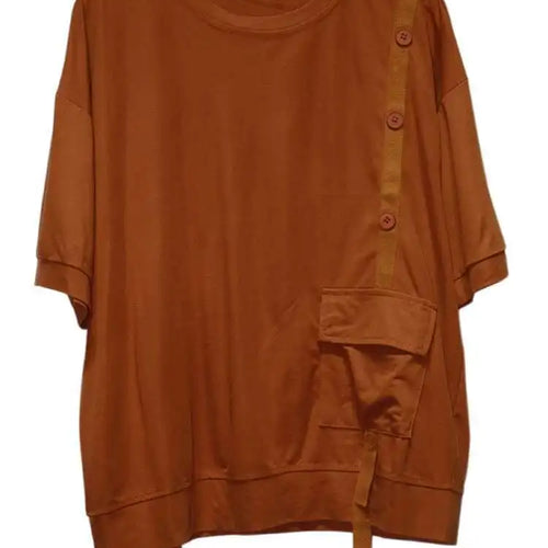 Load image into Gallery viewer, Women Black Irregular Button Pocket Big Size Casual T-shirt New Round Neck Short Sleeve Fashion Spring Summer 2025 1DJ0223
