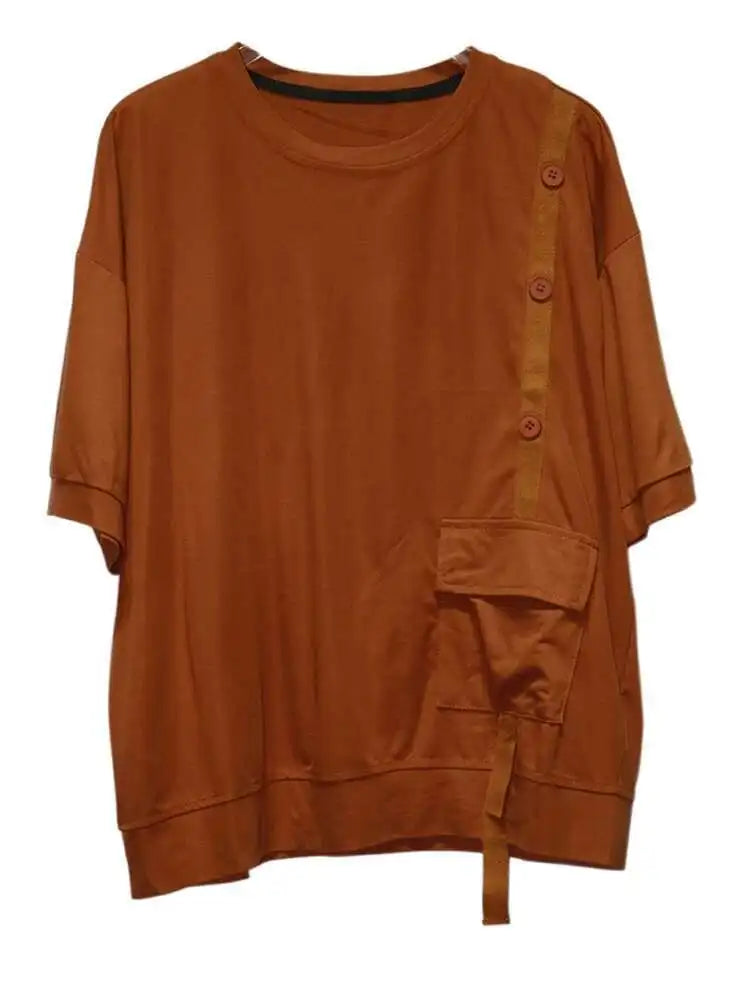 Women Black Irregular Button Pocket Big Size Casual T-shirt New Round Neck Short Sleeve Fashion Spring Summer 2025 1DJ0223