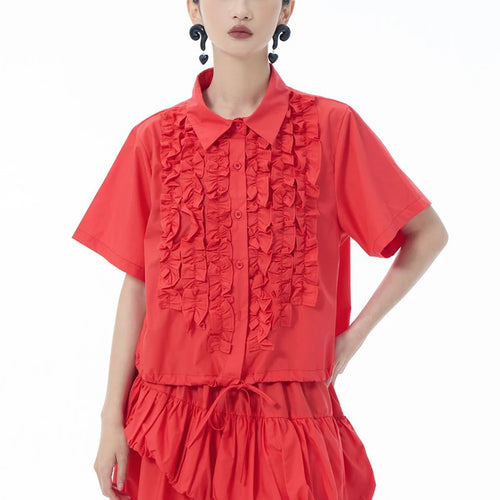 Load image into Gallery viewer, Women Red Ruffles Drawstring Big Size Elegant Blouse New Lapel Short Sleeve Shirt Fashion Tide Spring Summer 2025 1DJ1606
