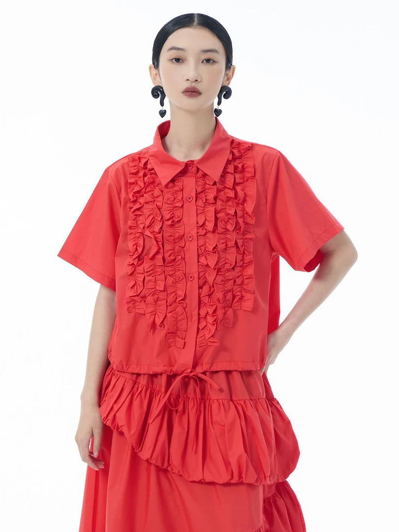 Women Red Ruffles Drawstring Big Size Elegant Blouse New Lapel Short Sleeve Shirt Fashion Tide Spring Summer 2025 1DJ1606