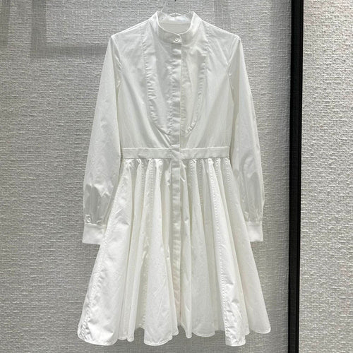 Load image into Gallery viewer, Casual White Dresses For Women Stand Collar Lantern Sleeve High Waist Folds Mini Loose Dress Female Fashion Clothes
