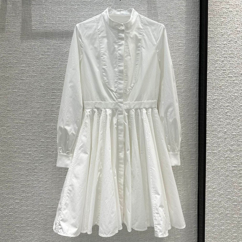 Casual White Dresses For Women Stand Collar Lantern Sleeve High Waist Folds Mini Loose Dress Female Fashion Clothes