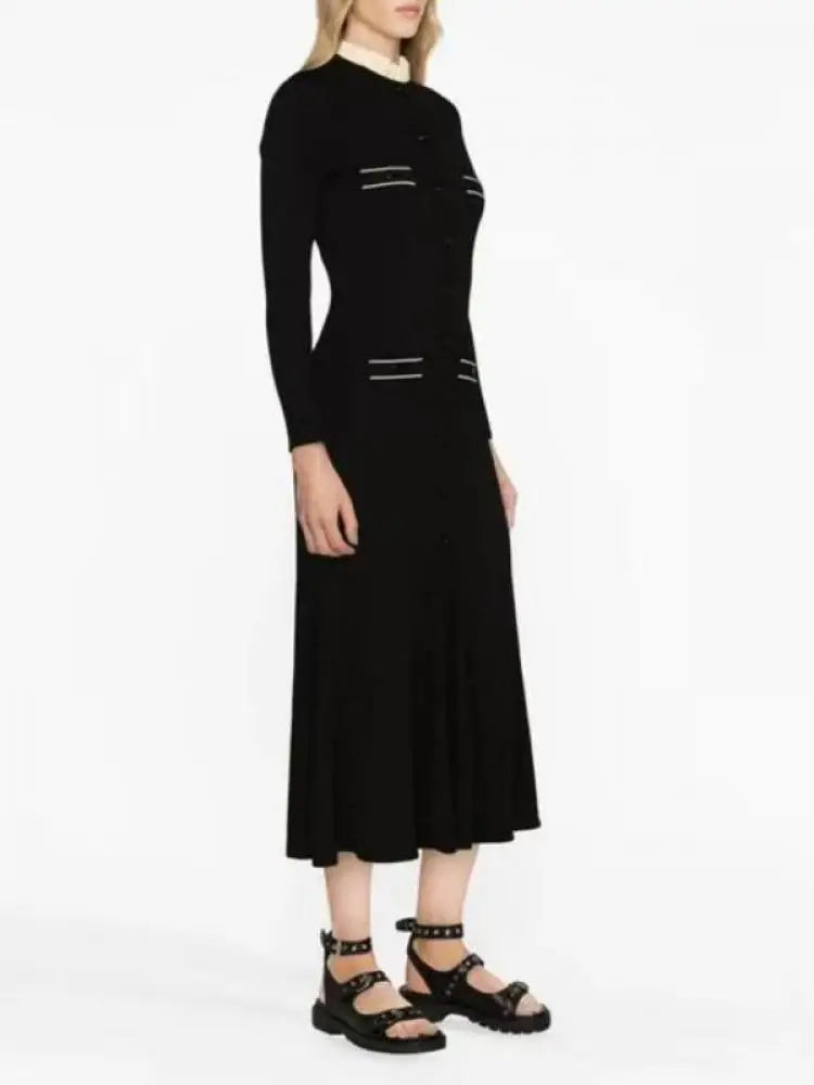 Korean Fashion Women's Black Patchwork Long Sleeve Ruffles Neck Knitted Dress 2024 Autumn Winter Retro New Single Breasted Dress