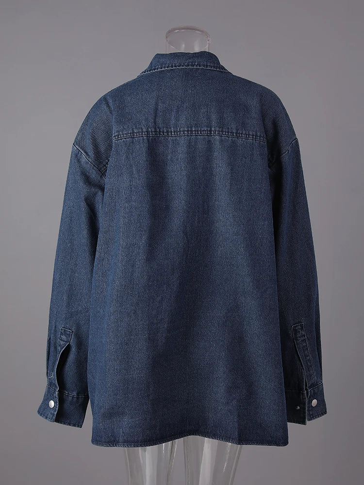 Blue Pockets Denim Big Size Casual Jacket New Lapel Long Sleeve Women Coat Fashion Tide Spring Autumn 2025 12C2135