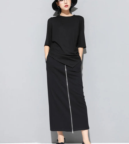 Women Black Irregular Pleated Big Size Casual T-shirt New Round Neck Half Sleeve Fashion Tide Spring Summer 2025 1DJ1831