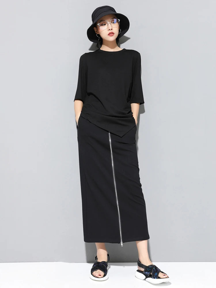 Women Black Irregular Pleated Big Size Casual T-shirt New Round Neck Half Sleeve Fashion Tide Spring Summer 2025 1DJ1831