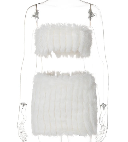 Furry 2 Piece Matching Sets Strapless Sexy Slim Cute Crop Top Mini Skirt Winter Women Elegant Outfits Birthday Festival