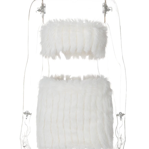 Load image into Gallery viewer, Furry 2 Piece Matching Sets Strapless Sexy Slim Cute Crop Top Mini Skirt Winter Women Elegant Outfits Birthday Festival
