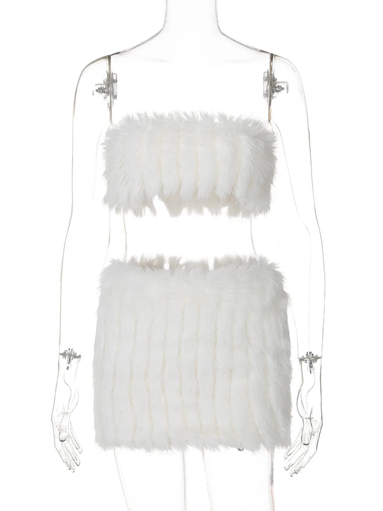 Furry 2 Piece Matching Sets Strapless Sexy Slim Cute Crop Top Mini Skirt Winter Women Elegant Outfits Birthday Festival