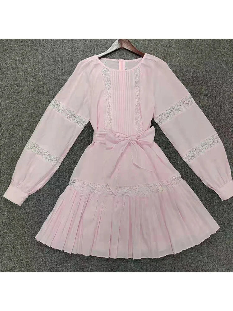 Korean Plain Dress For Women Round Neck Loose Long Sleeve Patchwork Bowknot High Waist Mini Dresses Female 2022 Spring Style