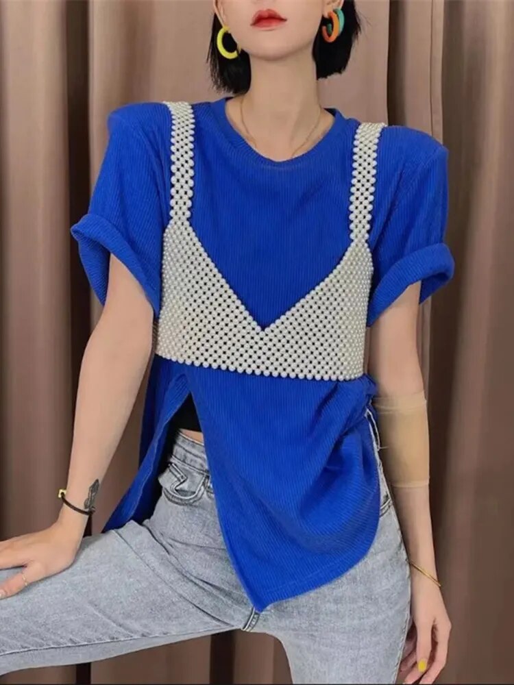 Sexy Solid Tank Top For Women V Neck Sleeveless Tunic Slimming Patchwork Pearl Vest Female Fashion Clothing