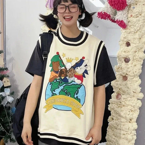 Load image into Gallery viewer, Harajuku Cartoon Bear Embroidery Jacquard Knitted Pullover Women Casual Sweater Vest Spring Sleeveless O-neck Girl Tops
