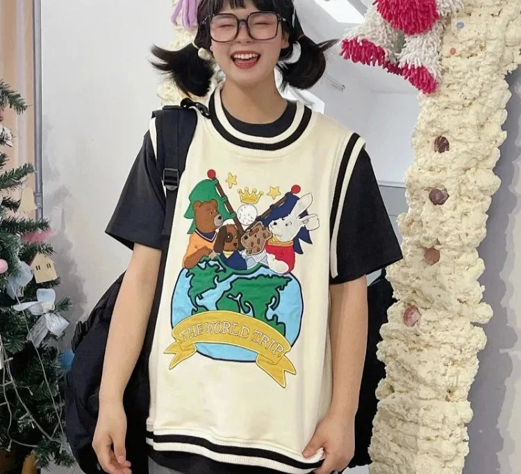 Harajuku Cartoon Bear Embroidery Jacquard Knitted Pullover Women Casual Sweater Vest Spring Sleeveless O-neck Girl Tops