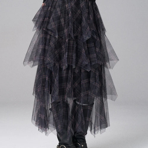 Load image into Gallery viewer, High Elastic Waist Black Plaid Irregular Layers Mesh Cake Half-body Skirt Women Fashion New Spring Autumn 2025 1DJ0382
