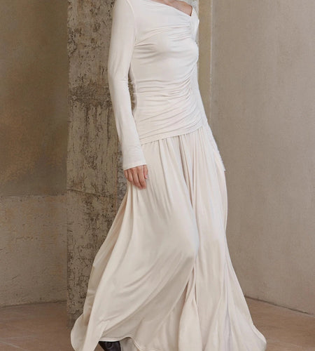 Solid Spliced Folds Casual Two Piece Sets for Women Diagonal Collar Long Sleeves T Shirt High Wasit Skirt Set Female