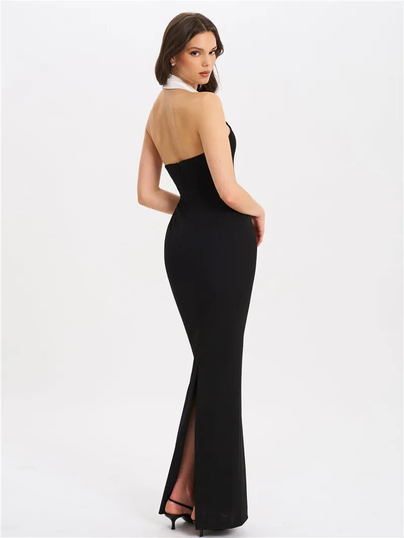 Halter Backless Sexy Maxi Dress For Women Gown Contrast Color Notched Collar Sleeveless Bodycon Club Party Tank Dress