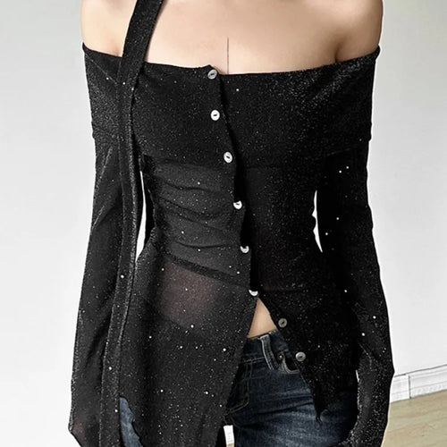 Load image into Gallery viewer, 2025 Black Shiner Slash Neck Tees Vintage Irregular Single Breasted Harajuku Crop Tops Grunge Slim Women T-shirts Y2k Aesthetic
