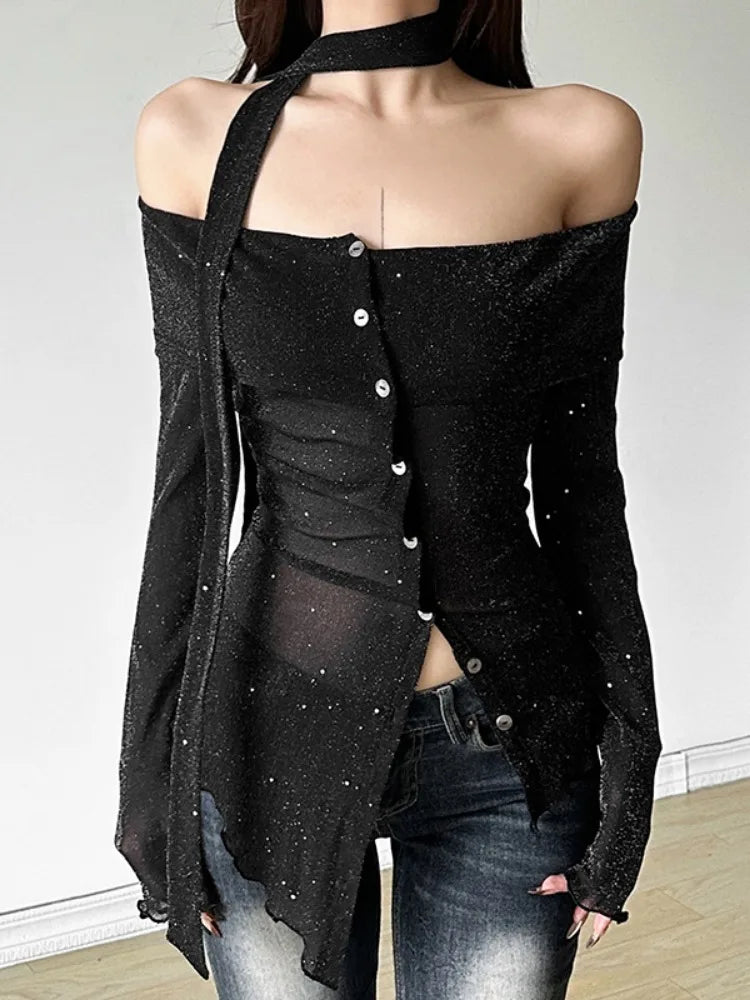 2025 Black Shiner Slash Neck Tees Vintage Irregular Single Breasted Harajuku Crop Tops Grunge Slim Women T-shirts Y2k Aesthetic