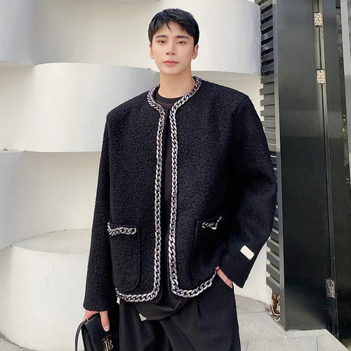 Load image into Gallery viewer, Woolen Personalized Male Coat Casual Chain Decoration Men Solid Color Jackets Thickened Tops 2024 Winter Stylish 9C8954
