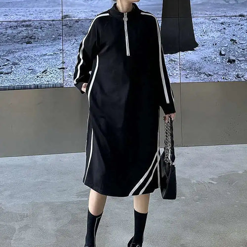 Load image into Gallery viewer, Women Black Striped Spliced Zipper Big Size Midi Dress New Turtleneck Long Sleeve Fashion Tide Spring Autumn 2025 1DH6819

