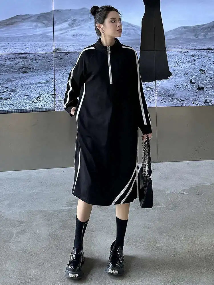 Women Black Striped Spliced Zipper Big Size Midi Dress New Turtleneck Long Sleeve Fashion Tide Spring Autumn 2025 1DH6819