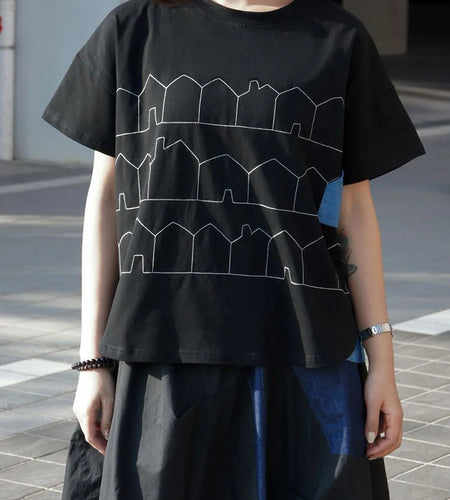 Women Black Pattern Printed Big Size Casual T-shirt New Round Neck Short Sleeve Fashion Tide Spring Summer 2025 1DJ1186