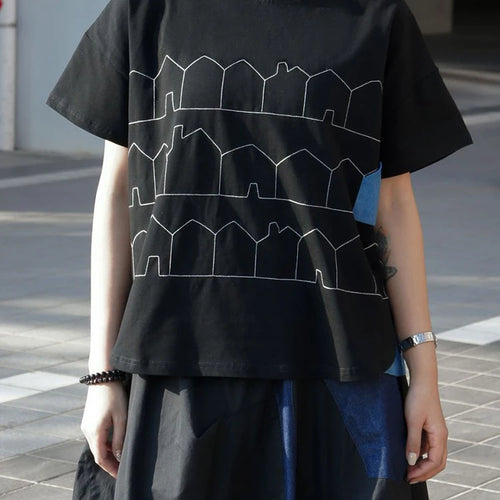 Load image into Gallery viewer, Women Black Pattern Printed Big Size Casual T-shirt New Round Neck Short Sleeve Fashion Tide Spring Summer 2025 1DJ1186
