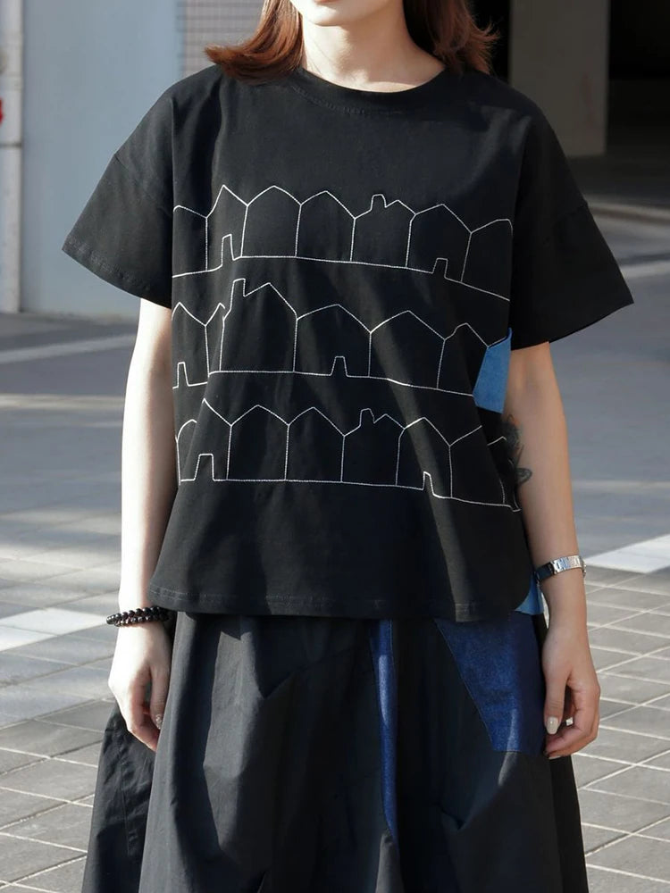 Women Black Pattern Printed Big Size Casual T-shirt New Round Neck Short Sleeve Fashion Tide Spring Summer 2025 1DJ1186