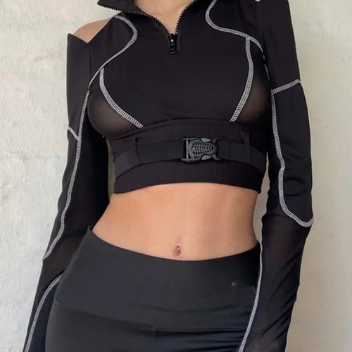 Load image into Gallery viewer, Grunge Patchwork Gauze Harajuku Crop Tops Women Y2k Aesthetic Zipper Slim Fit Tees Streetwear Vintage Fairy Hollow Out T-shirts
