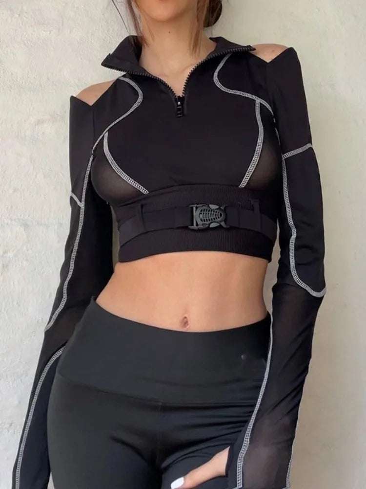 Grunge Patchwork Gauze Harajuku Crop Tops Women Y2k Aesthetic Zipper Slim Fit Tees Streetwear Vintage Fairy Hollow Out T-shirts